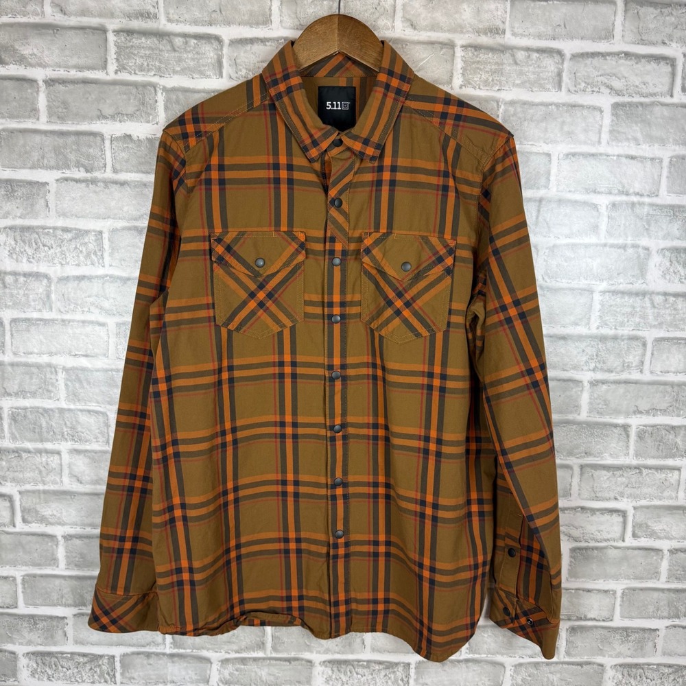 5.11 Tactical Peak Long Sleeve Plaid Snap Front Shirt Mens Medium Brown Orange